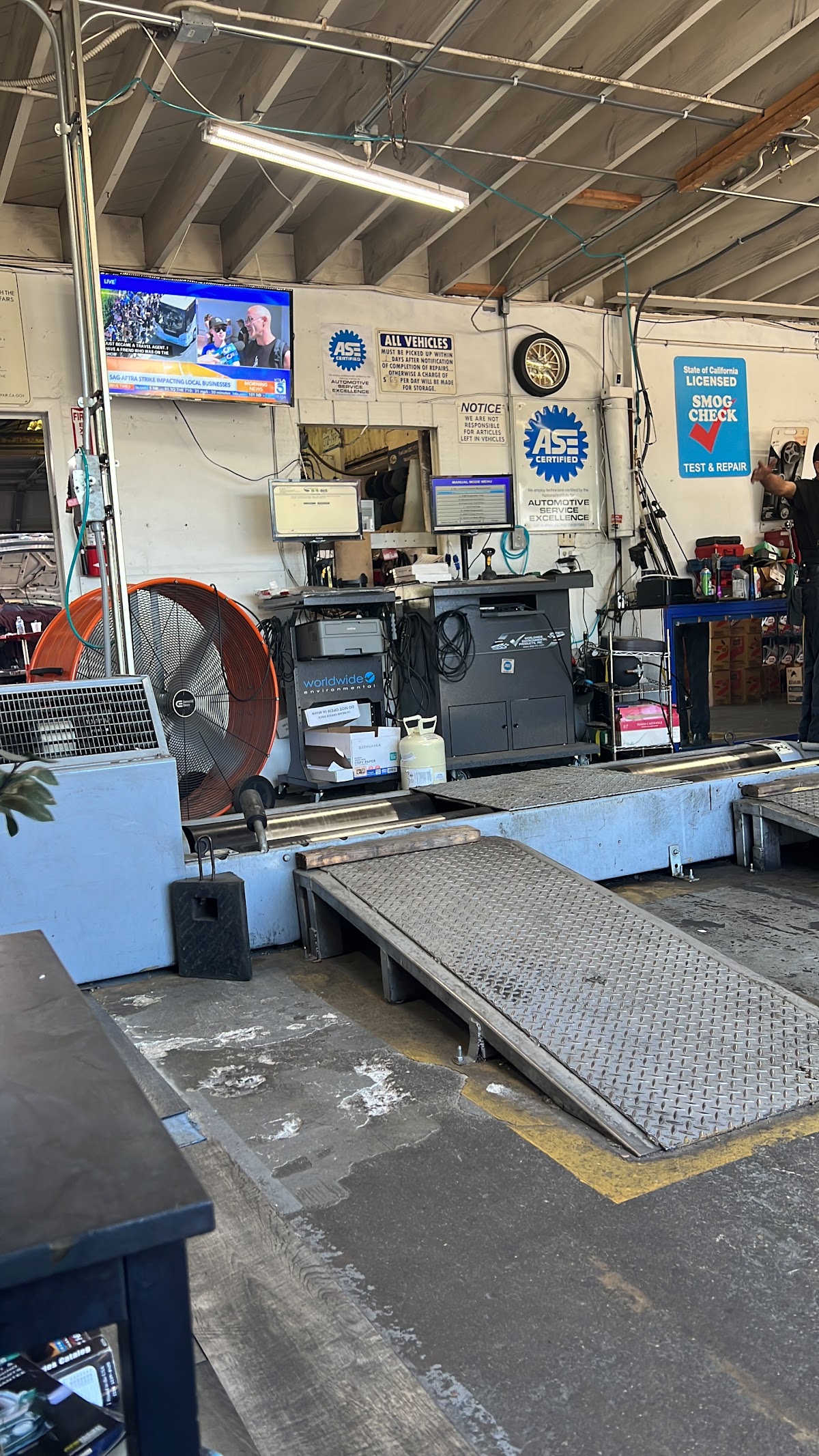 Inside the J & C Auto Repair smog and service bay